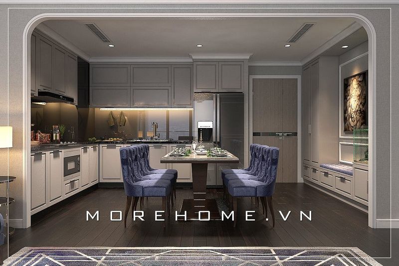 Mẫu tủ bếp gỗ đẹp tân cổ điển màu trắng cao cấp, tiện nghi cho phòng bếp